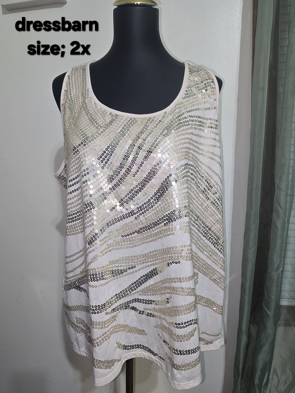 dressbarn White Tank Top with Gold Sequin Waves